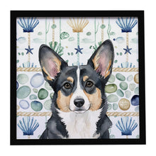 Load image into Gallery viewer, Black and White Cardigan Welsh Corgi Coastal Sea Glass Framed Metal Print