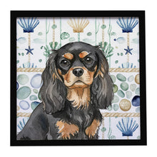 Load image into Gallery viewer, Black and Tan Cavalier Spaniel Coastal Sea Glass Framed Metal Print
