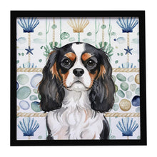 Load image into Gallery viewer, Tricolor Cavalier Spaniel Coastal Sea Glass Framed Metal Print