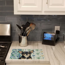 Load image into Gallery viewer, Black and Tan Chihuahua Coastal Sea Glass Glass Cutting Board