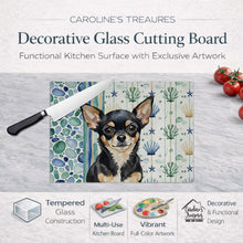 Load image into Gallery viewer, Black and Tan Chihuahua Coastal Sea Glass Glass Cutting Board