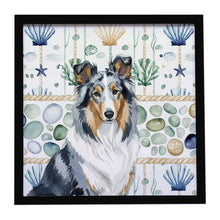 Load image into Gallery viewer, Blue Merle Collie Coastal Sea Glass Framed Metal Print