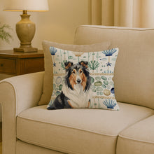 Load image into Gallery viewer, Tricolor Collie Coastal Sea Glass Throw Pillow