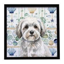 Load image into Gallery viewer, White with Gray Coton de Tulear Coastal Sea Glass Framed Metal Print