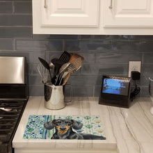 Load image into Gallery viewer, Black and Tan Dachshund Coastal Sea Glass Glass Cutting Board