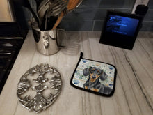 Load image into Gallery viewer, Black and Tan Dachshund Coastal Sea Glass Pair of Pot Holders
