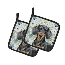 Load image into Gallery viewer, Black and Tan Dachshund Coastal Sea Glass Pair of Pot Holders