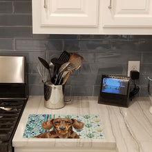 Load image into Gallery viewer, Chocolate and Tan Dachshund Coastal Sea Glass Glass Cutting Board