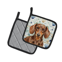 Load image into Gallery viewer, Chocolate and Tan Dachshund Coastal Sea Glass Pair of Pot Holders