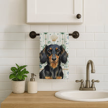 Load image into Gallery viewer, Longhaired Black and Tan Dachshund Coastal Sea Glass Kitchen Towel