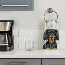 Load image into Gallery viewer, Longhaired Black and Tan Dachshund Coastal Sea Glass Kitchen Towel