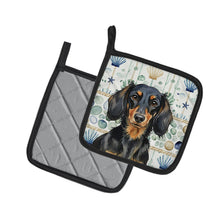 Load image into Gallery viewer, Longhaired Black and Tan Dachshund Coastal Sea Glass Pair of Pot Holders
