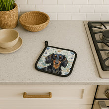 Load image into Gallery viewer, Longhaired Black and Tan Dachshund Coastal Sea Glass Pair of Pot Holders