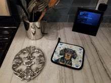 Load image into Gallery viewer, Longhaired Black and Tan Dachshund Coastal Sea Glass Pair of Pot Holders