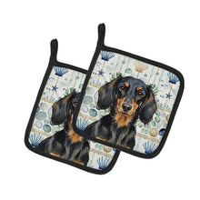 Load image into Gallery viewer, Longhaired Black and Tan Dachshund Coastal Sea Glass Pair of Pot Holders