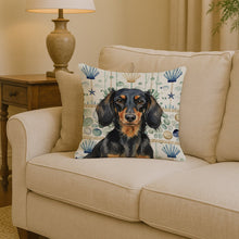 Load image into Gallery viewer, Longhaired Black and Tan Dachshund Coastal Sea Glass Throw Pillow