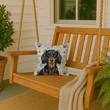 Load image into Gallery viewer, Longhaired Black and Tan Dachshund Coastal Sea Glass Throw Pillow
