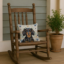 Load image into Gallery viewer, Longhaired Black and Tan Dachshund Coastal Sea Glass Throw Pillow