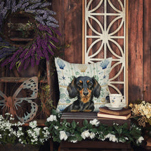 Load image into Gallery viewer, Longhaired Black and Tan Dachshund Coastal Sea Glass Throw Pillow