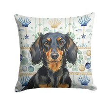 Load image into Gallery viewer, Longhaired Black and Tan Dachshund Coastal Sea Glass Throw Pillow