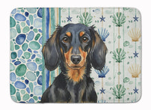 Load image into Gallery viewer, Longhaired Black and Tan Dachshund Coastal Sea Glass Memory Foam Kitchen Mat