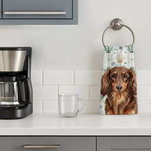 Load image into Gallery viewer, Longhaired Chocolate and Tan Dachshund Coastal Sea Glass Kitchen Towel
