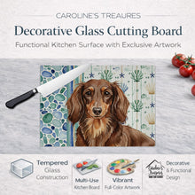 Load image into Gallery viewer, Longhaired Chocolate and Tan Dachshund Coastal Sea Glass Glass Cutting Board