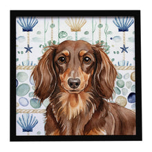 Load image into Gallery viewer, Longhaired Chocolate and Tan Dachshund Coastal Sea Glass Framed Metal Print
