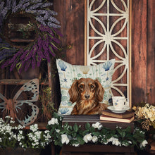 Load image into Gallery viewer, Longhaired Chocolate and Tan Dachshund Coastal Sea Glass Throw Pillow