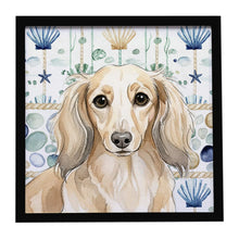 Load image into Gallery viewer, Longhaired Cream Dachshund Coastal Sea Glass Framed Metal Print