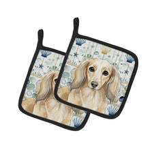 Load image into Gallery viewer, Longhaired Cream Dachshund Coastal Sea Glass Pair of Pot Holders