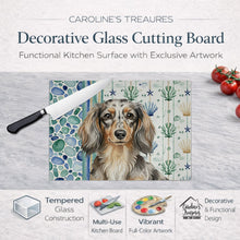 Load image into Gallery viewer, Longhaired Dapple Dachshund Coastal Sea Glass Glass Cutting Board