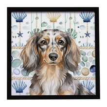 Load image into Gallery viewer, Longhaired Dapple Dachshund Coastal Sea Glass Framed Metal Print
