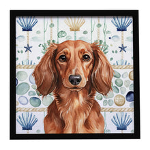 Load image into Gallery viewer, Longhaired Red Dachshund Coastal Sea Glass Framed Metal Print