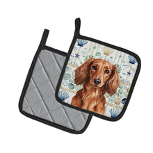 Load image into Gallery viewer, Longhaired Red Dachshund Coastal Sea Glass Pair of Pot Holders