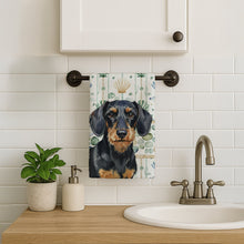Load image into Gallery viewer, Wirehaired Black and Tan Dachshund Coastal Sea Glass Kitchen Towel