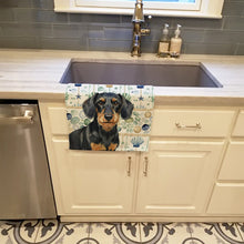 Load image into Gallery viewer, Wirehaired Black and Tan Dachshund Coastal Sea Glass Kitchen Towel