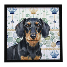 Load image into Gallery viewer, Wirehaired Black and Tan Dachshund Coastal Sea Glass Framed Metal Print