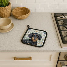 Load image into Gallery viewer, Wirehaired Black and Tan Dachshund Coastal Sea Glass Pair of Pot Holders