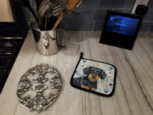 Load image into Gallery viewer, Wirehaired Black and Tan Dachshund Coastal Sea Glass Pair of Pot Holders