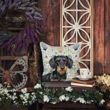 Load image into Gallery viewer, Wirehaired Black and Tan Dachshund Coastal Sea Glass Throw Pillow