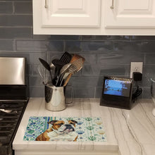 Load image into Gallery viewer, Brindle and White English Bulldog Coastal Sea Glass Glass Cutting Board