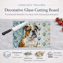Load image into Gallery viewer, Brindle and White English Bulldog Coastal Sea Glass Glass Cutting Board