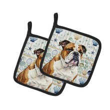 Load image into Gallery viewer, Brindle and White English Bulldog Coastal Sea Glass Pair of Pot Holders