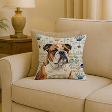 Load image into Gallery viewer, Brindle and White English Bulldog Coastal Sea Glass Throw Pillow
