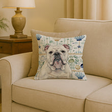 Load image into Gallery viewer, White English Bulldog Coastal Sea Glass Throw Pillow