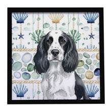 Load image into Gallery viewer, Black and White English Springer Spaniel Coastal Sea Glass Framed Metal Print