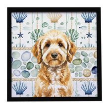 Load image into Gallery viewer, Goldendoodle Coastal Sea Glass Framed Metal Print