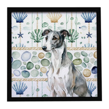 Load image into Gallery viewer, Black and White Greyhound Coastal Sea Glass Framed Metal Print