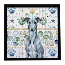 Load image into Gallery viewer, Blue Brindle Greyhound Coastal Sea Glass Framed Metal Print